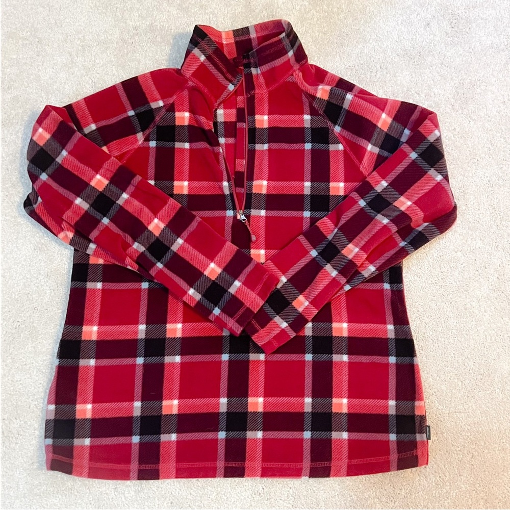 Eddie Bauer Red Plaided Fleece Quarter Zipped Sweater